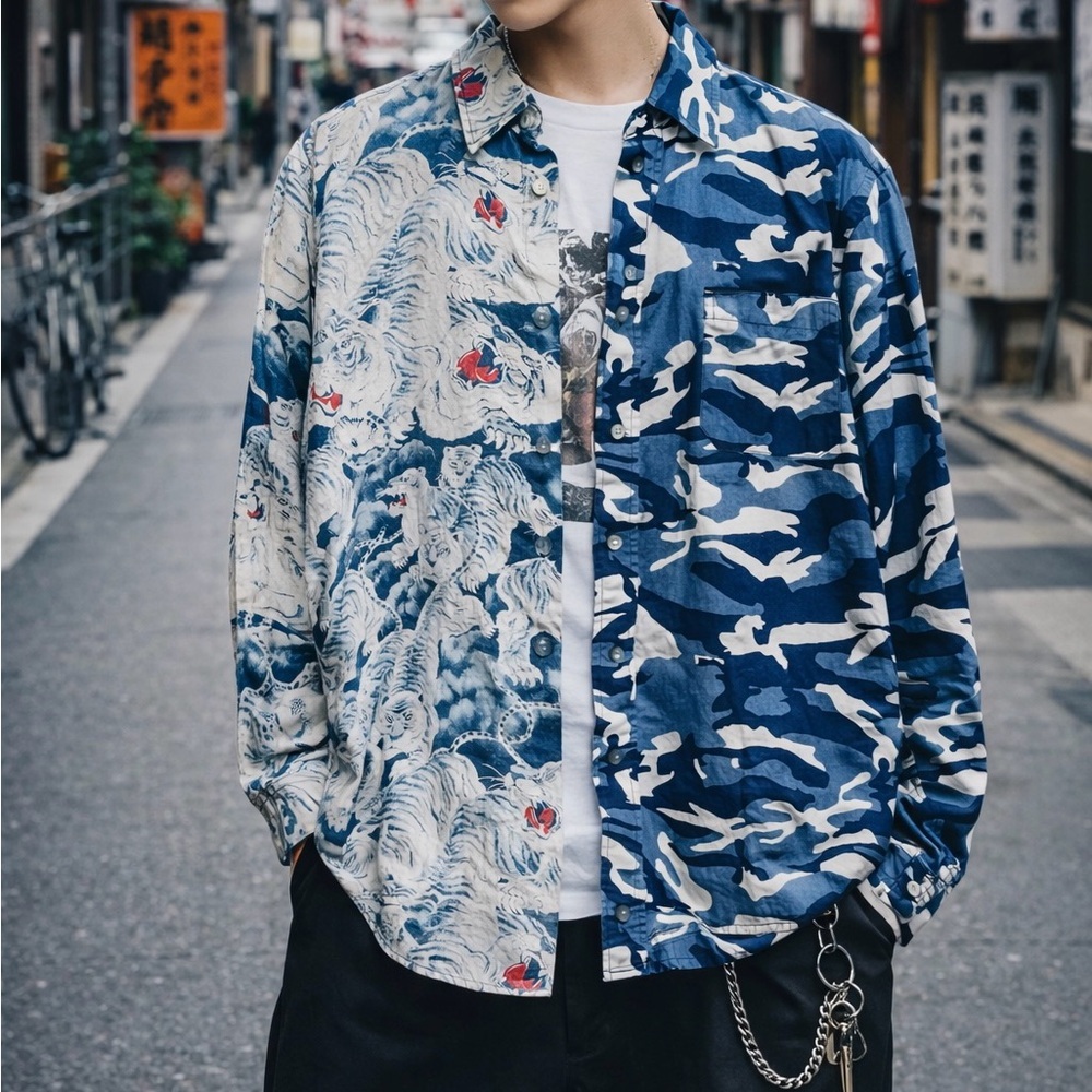 EMOTIONALLY‎ UNAVAILABLE Split-Print Japanese Streetwear Button Down Shirt